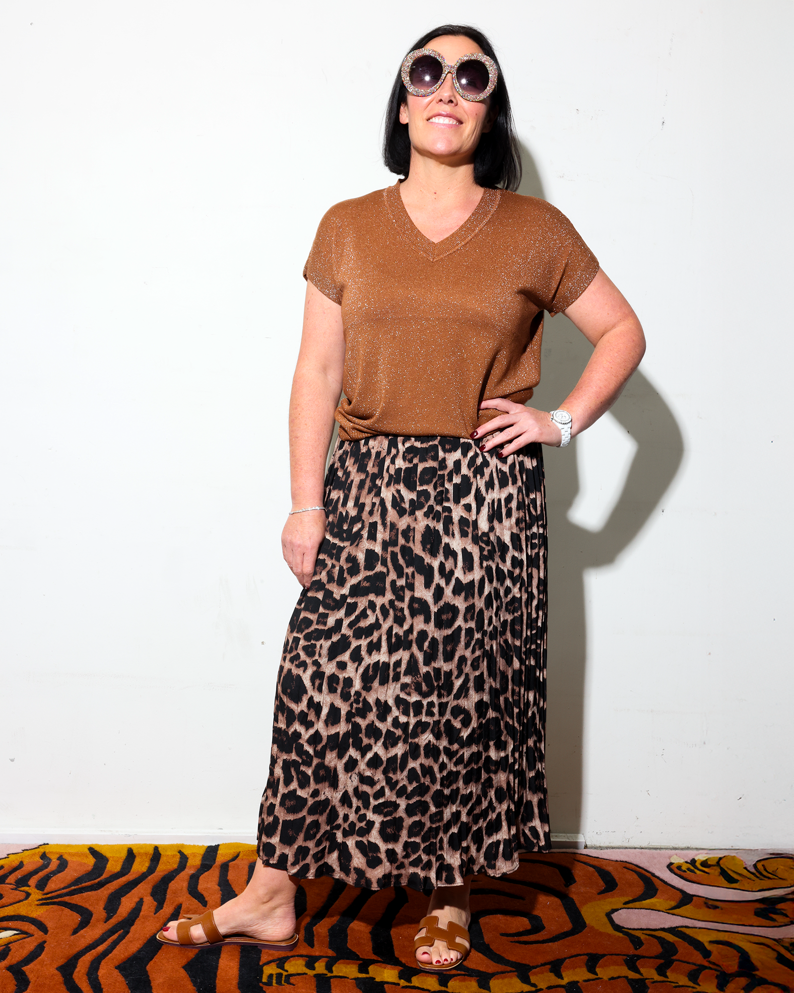 Pleated Animal Brown Chiffon Skirt