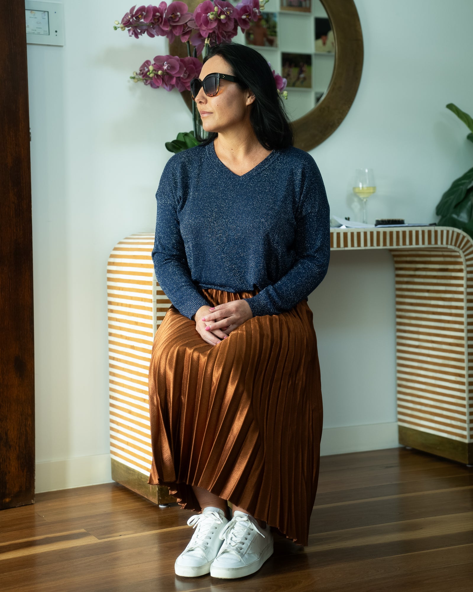 V Neck Lurex Long Sleeve - Navy