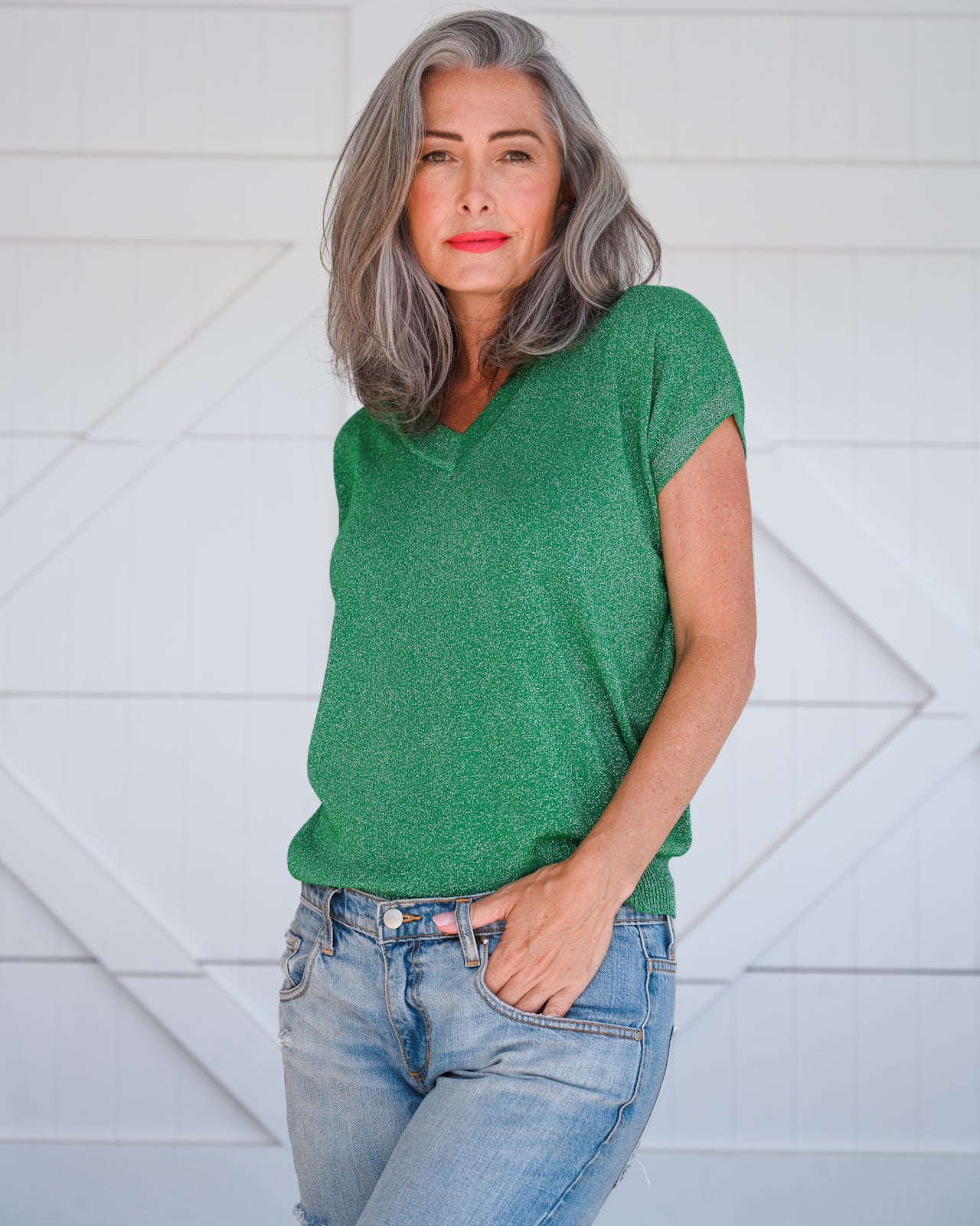 V-Neck Short Sleeve Lurex - Emerald